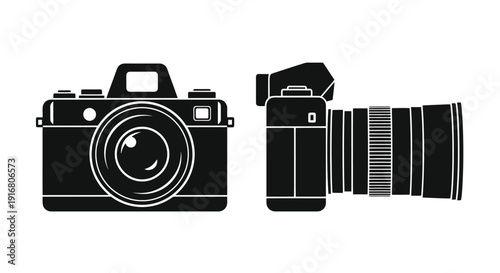 Modern Digital Camera Front and Side View Silhouette.