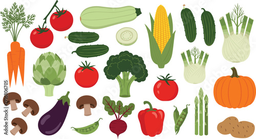 Vector Illustration Set of Fresh Vegetables Including Tomato Broccoli Carrot Pumpkin and Bell Pepper for Healthy Eating Cookbook Design Nursery Education and Kitchen Decor