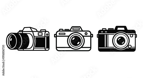 Three Vintage Camera Illustrations in Black and White.