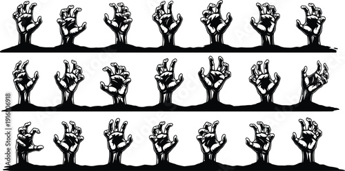 Spooky Vector Illustration of Zombie Hands Rising From the Ground with Creepy Texture for Halloween Horror Graphic Design Scary Undead Graveyard Theme Background Template