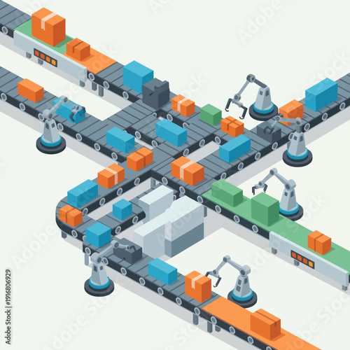 Industrial Robots on Production Line Assembly.