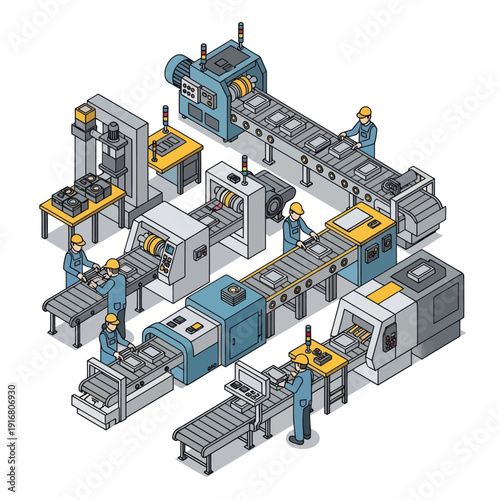 Industrial Factory Machines and Workers Illustration.