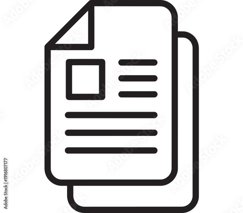 Document icon outline showing stacked papers and text lines, minimalist black line vector symbol for files, reports, paperwork, UI buttons and app interfaces