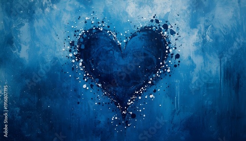 A dark blue heart shape with white and black splatters on a textured background