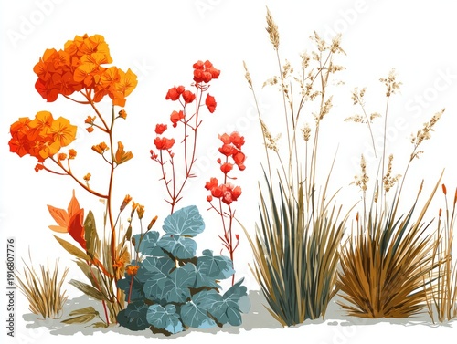 Illustration of diverse wildflower and grass arrangement in vibrant, artistic style