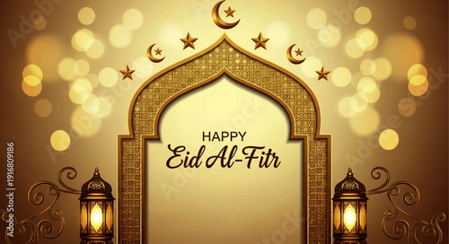 Happy Eid Al-Fitr Greeting Card With Islamic Arch, Crescent Moon, Stars and Lanterns Illustration