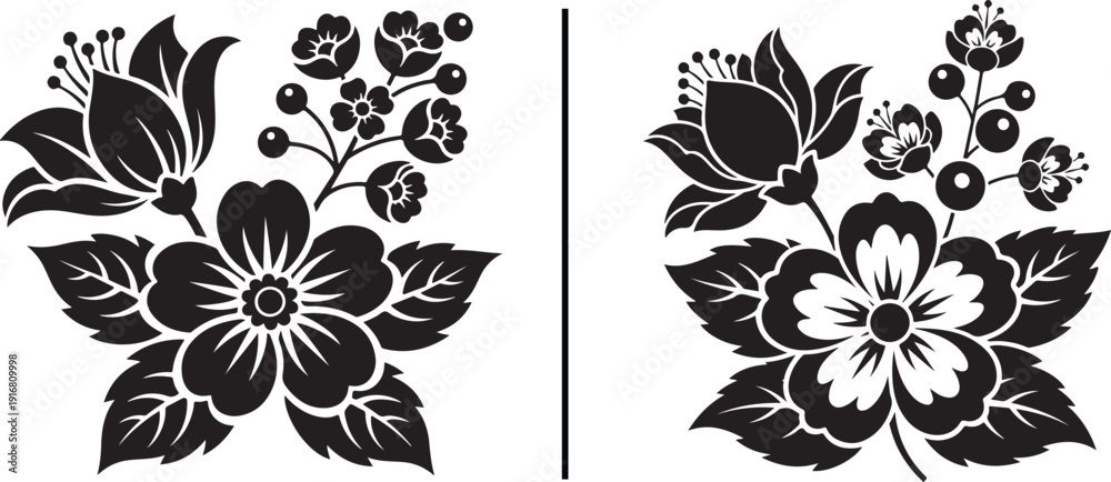 Obraz premium Floral silhouette collection. Black flower shapes isolated on white background. Botanical stencil style vector illustration set.eps