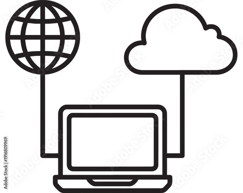 Laptop cloud and globe network icon illustrating internet connectivity, online computing and data transfer concept, minimal black outline vector on white background