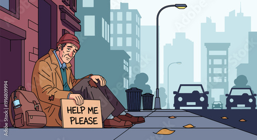 Modern vector illustration of homeless man sitting on urban sidewalk holding cardboard sign asking for help, poverty awareness and economic hardship concept showing social inequality