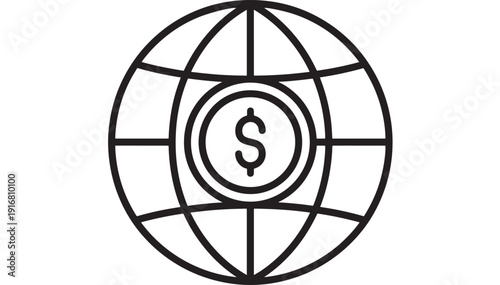Globe with dollar coin icon representing global finance, international money transfer, currency exchange, fintech payments, banking network and world economy concept