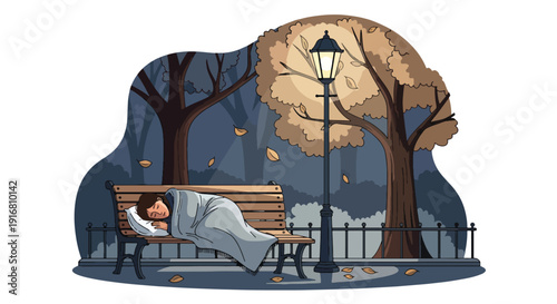 Modern vector illustration of homeless woman sleeping on public park bench with blanket, urban poverty and housing crisis awareness concept highlighting social inequality and survival lifestyle