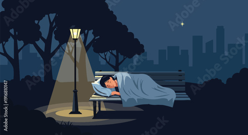 Modern vector illustration of homeless woman sleeping on public park bench with blanket, urban poverty and housing crisis awareness concept highlighting social inequality and survival lifestyle