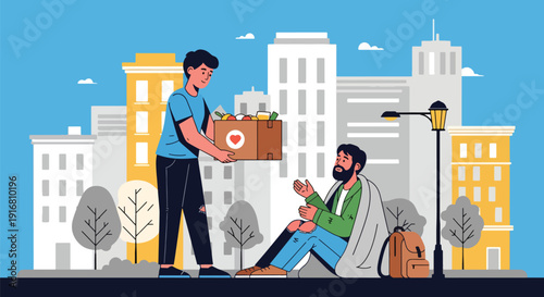 Modern vector illustration of volunteer giving food box to homeless person on city street, community charity support and humanitarian care concept highlighting poverty and social awareness