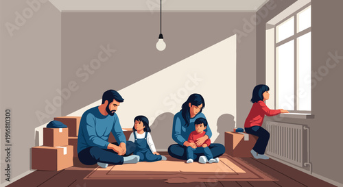 Modern vector illustration of low income family sitting in small empty apartment with minimal furniture, financial hardship and economic poverty concept showing struggle and social inequality