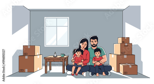 Modern vector illustration of low income family sitting in small empty apartment with minimal furniture, financial hardship and economic poverty concept showing struggle and social inequality
