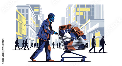 Modern vector illustration of homeless man pushing shopping cart with personal belongings through city street, urban poverty survival and economic hardship concept with social awareness theme