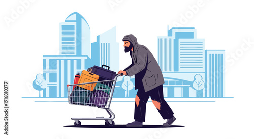 Modern vector illustration of homeless man pushing shopping cart with personal belongings through city street, urban poverty survival and economic hardship concept with social awareness theme