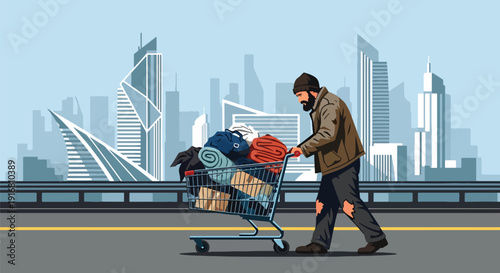 Modern vector illustration of homeless man pushing shopping cart with personal belongings through city street, urban poverty survival and economic hardship concept with social awareness theme