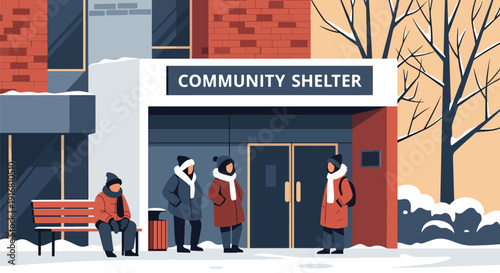Modern vector illustration of people waiting outside homeless shelter building, housing crisis and poverty awareness concept highlighting social support and community care environment