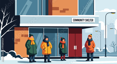 Modern vector illustration of people waiting outside homeless shelter building, housing crisis and poverty awareness concept highlighting social support and community care environment