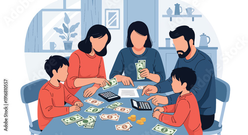 Modern vector illustration of low income family calculating expenses and bills at small kitchen table, financial stress and household poverty concept highlighting economic hardship and survival