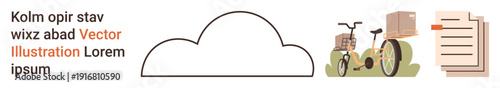 Cloud storage, logistics, document sharing, data management, digital services, and delivery. Graphic includes a cloud shape, a cargo bike with parcels and document icons. Cloud storage and logistics