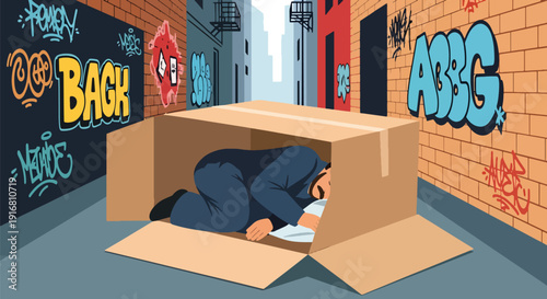 Modern vector illustration of homeless person sleeping inside cardboard shelter in city alley, urban poverty survival and housing crisis concept highlighting hardship and social inequality