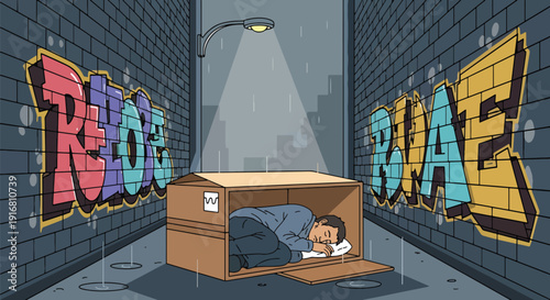 Modern vector illustration of homeless person sleeping inside cardboard shelter in city alley, urban poverty survival and housing crisis concept highlighting hardship and social inequality