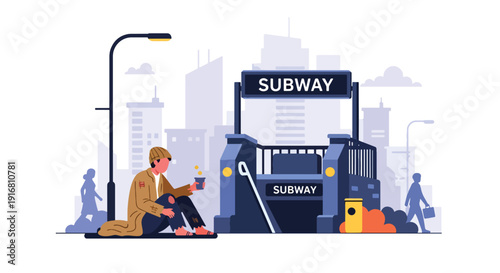 Modern vector illustration of homeless person sitting near subway entrance asking for coins, urban poverty and street survival concept highlighting social inequality and hardship
