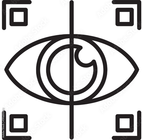 Eye scanning icon with target crosshair and iris outline, minimalist black and white line symbol for biometric authentication, privacy protection and surveillance technology