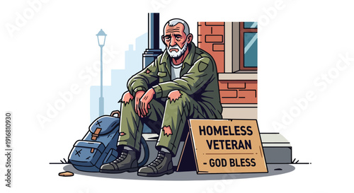 Modern vector illustration of homeless veteran sitting on street corner with backpack and sign, social awareness and poverty hardship concept highlighting respect and support themes