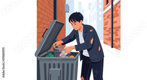 Modern vector illustration of poor person searching for food in trash bin in urban alley, poverty survival and food insecurity concept highlighting social inequality and hardship