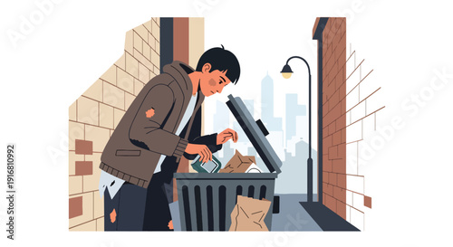 Modern vector illustration of poor person searching for food in trash bin in urban alley, poverty survival and food insecurity concept highlighting social inequality and hardship