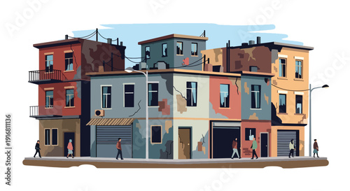 Modern vector illustration of low income neighborhood with worn buildings and residents walking, urban poverty environment concept highlighting social inequality and economic hardship