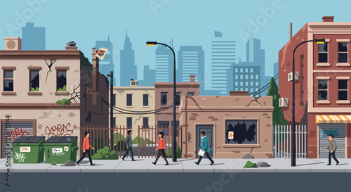 Modern vector illustration of low income neighborhood with worn buildings and residents walking, urban poverty environment concept highlighting social inequality and economic hardship