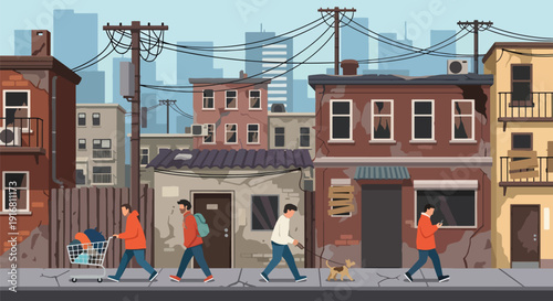 Modern vector illustration of low income neighborhood with worn buildings and residents walking, urban poverty environment concept highlighting social inequality and economic hardship