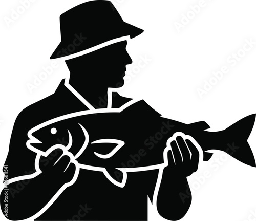 Silhouette Man holding two different caught fish silhouette style illustration design