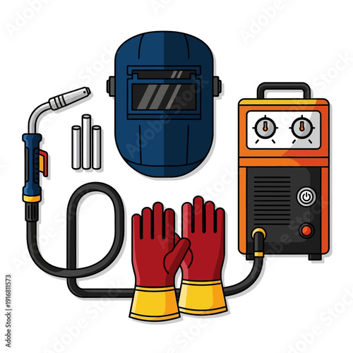Welding Equipment Set: Mask, Gloves, Torch, and Power Source Illustration