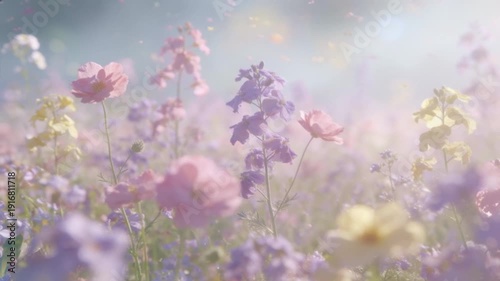 Soft pastel spring meadow with drifting pollen swirling gently in the breeze, light rays shifting across wildflowers, dreamy atmospheric motion, minimal serene ambience.