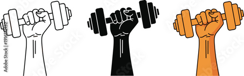 Minimalist fitness illustration set featuring raised fist holding dumbbell in black and white line art silhouette and flat orange color for gym branding