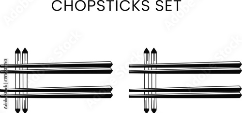 Minimalist black and white vector illustration of Japanese chopsticks set with elegant typography for Asian restaurant menu culinary identity and oriental dining.