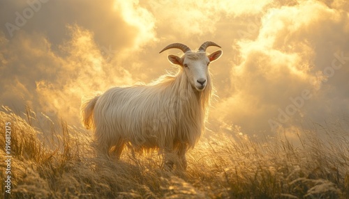 Majestic white goat standing on grassy hill at sunset with golden clouds enhancing the serene landscape around it