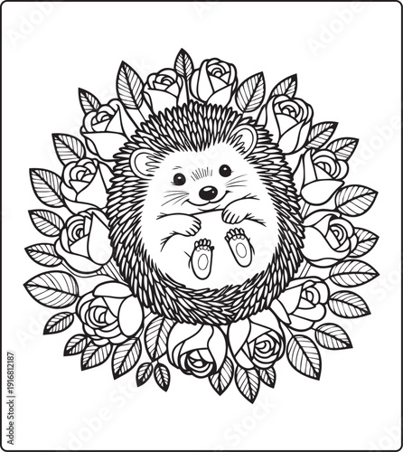 Cute animal with beautiful flowers coloring page for kids and adults, black line art vector illustration for 
activity page or book design