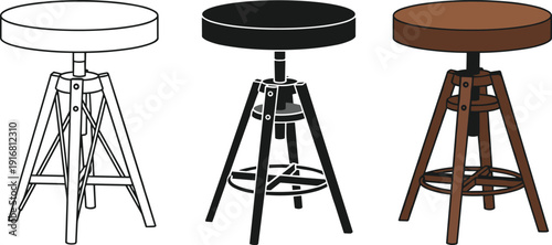 Minimalist set of three industrial style bar stools with tripod bases, shown in black and white line art, solid black silhouette, and brown tone illustration for interior design.
