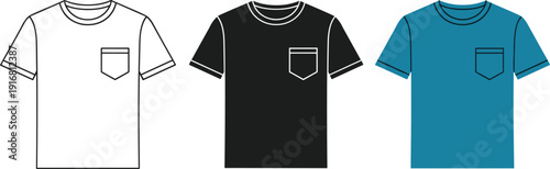 Minimalist set of three t-shirt illustrations in white outline, solid black, and solid teal blue colors with front chest pockets and crew neck collars for apparel design mockups.