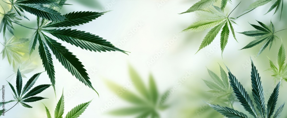 Fototapeta premium The Cannabis Leaves Framed by Soft Blurred Green Background for Healthy Botanical Concept