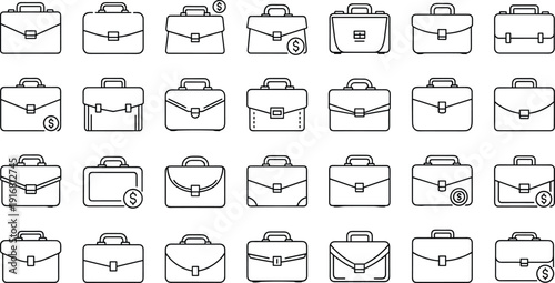 Professional set of thirty minimalist black and white line art briefcase icons with business bag symbols and financial dollar sign symbols for corporate web design