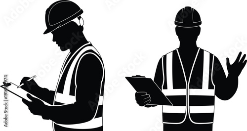 Construction workers silhouette wearing safety helmet and reflective vest holding clipboard symbolizing inspection supervision workplace safety black vector illustration design