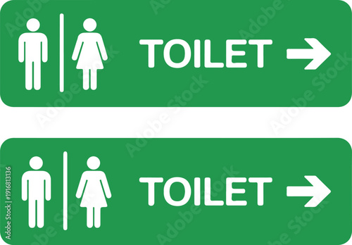 Two green rectangular signs indicate the direction of the restroom with male and female figures and an arrow