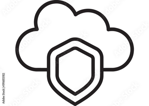 Cloud security shield icon in black outline showing protected data storage, privacy and cybersecurity concept, minimal line symbol isolated on white background